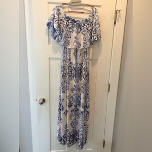 Show Me Your Mumu Blue White Damask Maxi Dress Off Shoulder XS